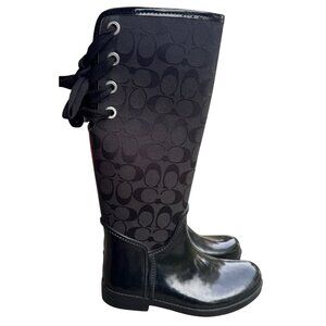 Coach Women’s Size 6B Signature Rain Boots Tall Black Logo Lace Rubber